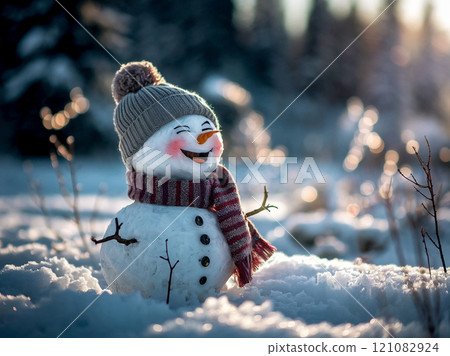 Winter holidays christmas background banner - close up of cute funny smiling snowman wearing woolen hat and scarf 121082924