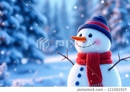 Winter holidays christmas background banner - close up of cute funny smiling snowman wearing woolen hat and scarf 121082925