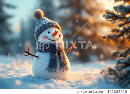 Winter holidays christmas background banner - close up of cute funny smiling snowman wearing woolen hat and scarf 121082926