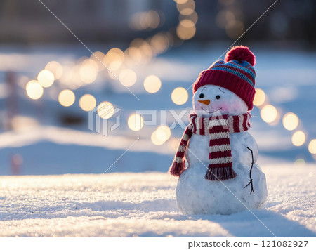 Winter holidays christmas background banner - close up of cute funny smiling snowman wearing woolen hat and scarf 121082927