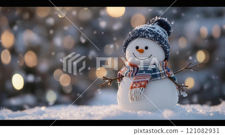 Winter holidays christmas background banner - close up of cute funny smiling snowman wearing woolen hat and scarf 121082931
