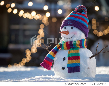 Winter holidays christmas background banner - close up of cute funny smiling snowman wearing woolen hat and scarf 121082933