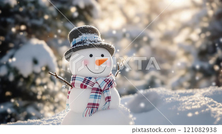 Winter holidays christmas background banner - close up of cute funny smiling snowman wearing woolen hat and scarf 121082938