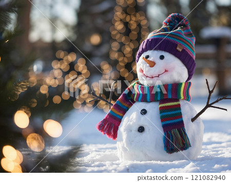 Winter holidays christmas background banner - close up of cute funny smiling snowman wearing woolen hat and scarf Winter holidays christmas background banner - close up of cute funny smiling snowman wearing woolen hat and scarf 121082940