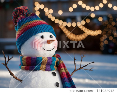 Winter holidays christmas background banner - close up of cute funny smiling snowman wearing woolen hat and scarf 121082942