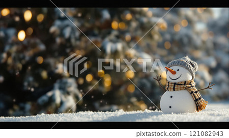 Winter holidays christmas background banner - close up of cute funny smiling snowman wearing woolen hat and scarf 121082943