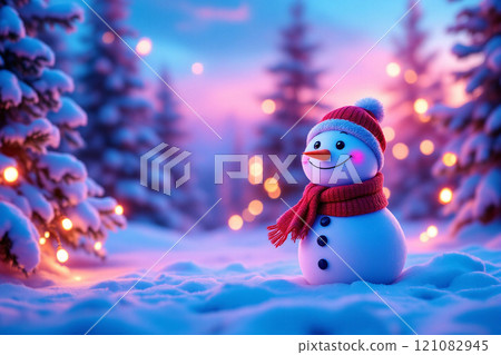 Winter holidays christmas background banner - close up of cute funny smiling snowman wearing woolen hat and scarf 121082945