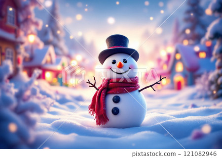 寒假聖誕節背景橫幅 — 戴著羊毛帽和圍巾的可愛滑稽的笑雪人特寫 121082946