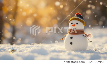 Winter holidays christmas background banner - close up of cute funny smiling snowman wearing woolen hat and scarf Winter holidays christmas background banner - close up of cute funny smiling snowman wearing woolen hat and scarf 121082956
