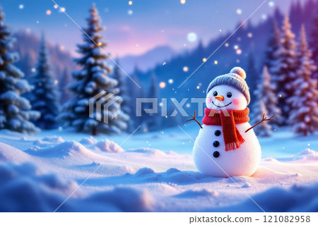 Winter holidays christmas background banner - close up of cute funny smiling snowman wearing woolen hat and scarf 121082958
