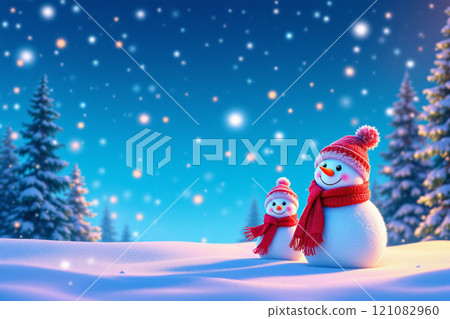 Winter holidays christmas background banner - close up of cute funny smiling snowman wearing woolen hat and scarf 121082960