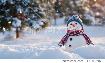 Winter holidays christmas background banner - close up of cute funny smiling snowman wearing woolen hat and scarf 121082963