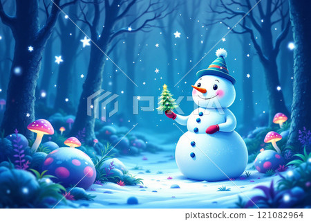 Winter holidays christmas background banner - close up of cute funny smiling snowman wearing woolen hat and scarf 121082964