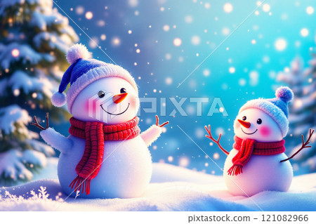 寒假聖誕節背景橫幅 — 戴著羊毛帽和圍巾的可愛滑稽的笑雪人特寫 121082966