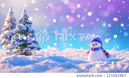 Winter holidays christmas background banner - close up of cute funny smiling snowman wearing woolen hat and scarf 121082967