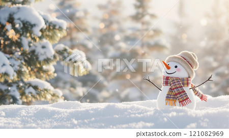 Winter holidays christmas background banner - close up of cute funny smiling snowman wearing woolen hat and scarf 121082969