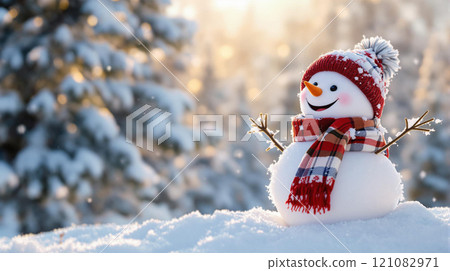 Winter holidays christmas background banner - close up of cute funny smiling snowman wearing woolen hat and scarf 121082971