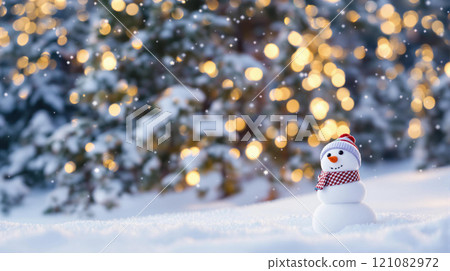 Winter holidays christmas background banner - close up of cute funny smiling snowman wearing woolen hat and scarf 121082972