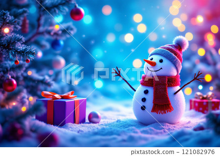 Winter holidays christmas background banner - close up of cute funny smiling snowman wearing woolen hat and scarf Winter holidays christmas background banner - close up of cute funny smiling snowman wearing woolen hat and scarf 121082976