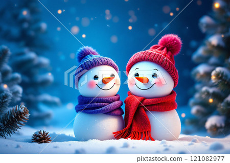 寒假聖誕節背景橫幅 — 戴著羊毛帽和圍巾的可愛滑稽的笑雪人特寫 寒假聖誕節背景橫幅 — 戴著羊毛帽和圍巾的可愛滑稽的笑雪人特寫 121082977