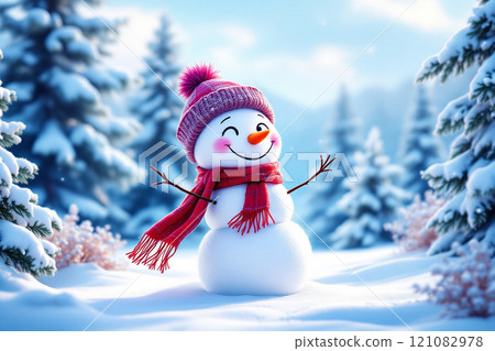 寒假聖誕節背景橫幅 — 戴著羊毛帽和圍巾的可愛滑稽的笑雪人特寫 121082978