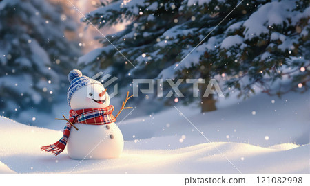 Winter holidays christmas background banner - close up of cute funny smiling snowman wearing woolen hat and scarf Winter holidays christmas background banner - close up of cute funny smiling snowman wearing woolen hat and scarf 121082998