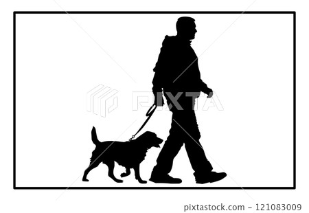 man walking with a dog Silhouette on a white background, silhouette of a dog. man walking with a dog Silhouette on a white background, silhouette of a dog. 121083009