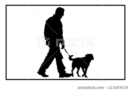 man walking with a dog Silhouette on a white background, silhouette of a dog. man walking with a dog Silhouette on a white background, silhouette of a dog. 121083019