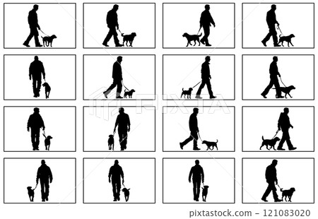 man walking with a dog Silhouette on a white background, silhouette of a dog. man walking with a dog Silhouette on a white background, silhouette of a dog. 121083020