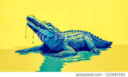 Crocodile shedding exaggerated tears in minimalist design on yellow background 121083103