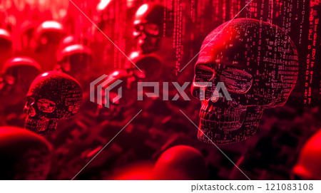 Red skulls showing impending cyber attack warning screen 121083108
