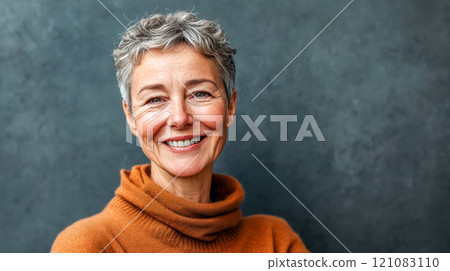 Smiling senior woman with gray hair and orange sweater posing on dark background 121083110