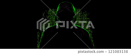 Hooded hacker committing cyber crime in front of green binary code Hooded hacker committing cyber crime in front of green binary code 121083138