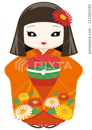 An illustration icon of a bob-haired Okiku doll wearing an orange kimono, with a pale face and slightly scary eyes An illustration icon of a bob-haired Okiku doll wearing an orange kimono, with a pale face and slightly scary eyes 121083293