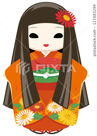 An illustration icon of a long-haired Okiku doll wearing an orange kimono, with a pale face, slightly scary eyes An illustration icon of a long-haired Okiku doll wearing an orange kimono, with a pale face, slightly scary eyes 121083294