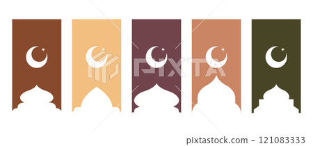 Islamic mosque shapes. Muslim doors, gates and windows. Ramadan kareem frames. Set of beige arabic borders. Vector illustration isolated on white background 121083333