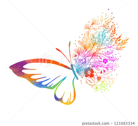 Butterfly with flowers . Hand drawing Line art. Not AI. Vector illustration 121083334