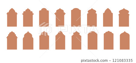 Set of Shape Islamic Door. Arabic architecture. Collection of arches in oriental style. Vector illustration isolated on white background Set of Shape Islamic Door. Arabic architecture. Collection of arches in oriental style. Vector illustration isolated on white background 121083335