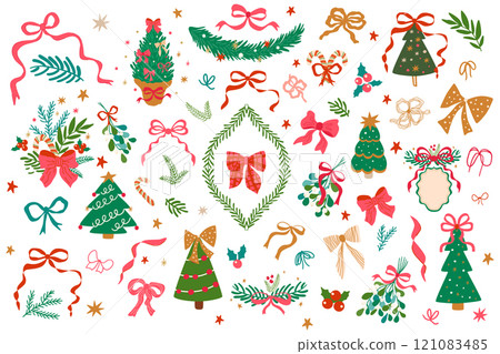Christmas and winter holiday elements set on white background. Vector collection of bows, ribbons, Christmas tree. 121083485