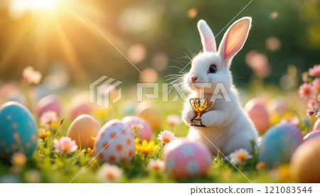 A small rabbit lifts a trophy surrounded by pastel-colored eggs and blooming flowers during a sunny spring day. 121083544