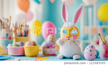 A cheerful rabbit in a mask sits among pastel crafts and eggs, embracing the lively spirit of Easter. 121083545