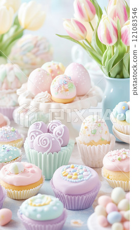 Pastel cupcakes and eggs decorate the table, celebrating Easter's joy alongside vibrant flowers. 121083546