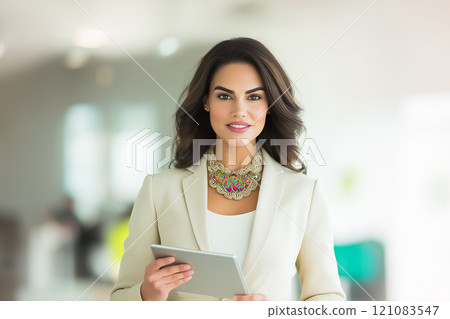 A confident woman in a smart outfit stands in a sleek office, engaging with a tablet in hand. A confident woman in a smart outfit stands in a sleek office, engaging with a tablet in hand. 121083547