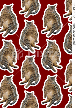 Collage cat Funny cat on red background. Seamless repeating pattern. 121083936