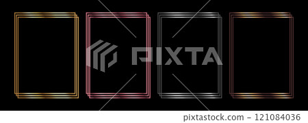 Set of minimalistic square frames in metallic colors. Golden, silver, bronze and pink colored frame borders for invitation cards of wedding. Vector illustration 121084036