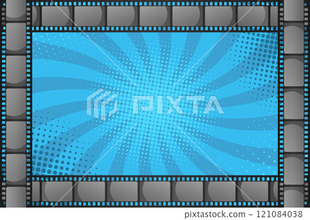 Film strip frame on pop art halftone background. Vector illustration 121084038