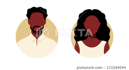 Black woman and man abstract face icons. African American female and male faceless portraits, avatars or anonymous profiles. Vector illustration 121084044
