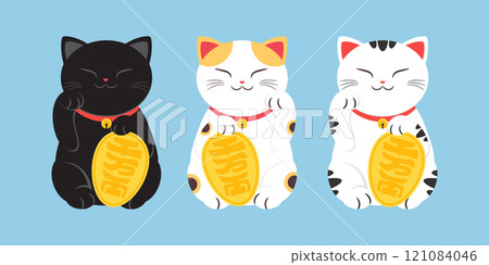 Cute Maneki neko icons set. Japanese lucky cats flat cartoon illustration. Black cat, ginger and black spotted cats. Money cat 121084046