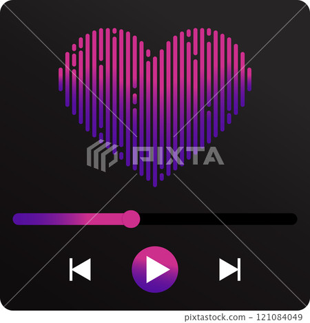 Music player interface with gradient colored sound wave heart emblem. Vector illustration 121084049