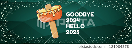 vector goodbye 2024 hello 2025 year vector banner with melt ice cream isolated on horizontal green background. End of the 2024 year horizontal banner background and poster 121084278